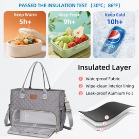 KKXIU Lunch Tote Bag for Teacher & Nurse, 15.6 Inch Laptop Tote with Insulated Lunch Box Pocket for Women - Grey