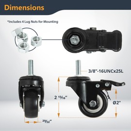 POWERTEC 2 Inch Caster Wheels Set of 4, 3/8"-16 x 1 Stem Casters - 2 Casters W/Dual Locking Break - Heavy Duty 350 lbs, 360° Swivel, PU Castor Wheels for Furniture, Carts, Trolleys, Toolboxes (17220)
