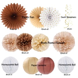 Boho Brown White Birthday Decorations - 62pcs Happy Birthday Banner, Neutral Rustic Paper Lanterns Honeycomb, Hanging Streamers, Tissue Pom Poms Flower Fan, Birthday Decorations for Women Girl Boys