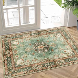 Castage Small Rugs 2x3,Green Rug for Entryway Bathroom Bedroom Kitchen Entrance Doormat,Boho Vintage Bohemian Distressed Washable Oriental Accent Floor Throw Carpet Non Slip