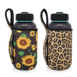 2Pack Reusable Neoprene Insulator Water bottle Carrier holder Sleeves with Handle for 32 Oz Wide Mouth Sport Water Bottle (Fits 32oz Nalgene, Classic Leopard + Sunflower(2 Pack))