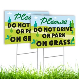 2PC Please Do Not Drive or Park on Grass Yard Sign - 8x12 Double Sided Coroplast Do Not Drive On Grass Sign - Keep Off Grass Sign
