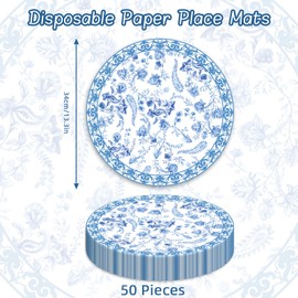 50 Pack Blue Floral Branches Vintage Paper Placemats 13.7 Inch Disposable Blue White Flower Placemats Decorative Chinoiserie Round Table Mats for Dining Wedding Anniversary Birthday Party Supplies