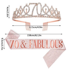 70th Birthday Sash and Tiara for Women, 70 & Fabulous Birthday Sash and Crown, Happy 70th Birthday Gifts for Queen Woman Party Favors Supplies and Decorations, Rose Gold