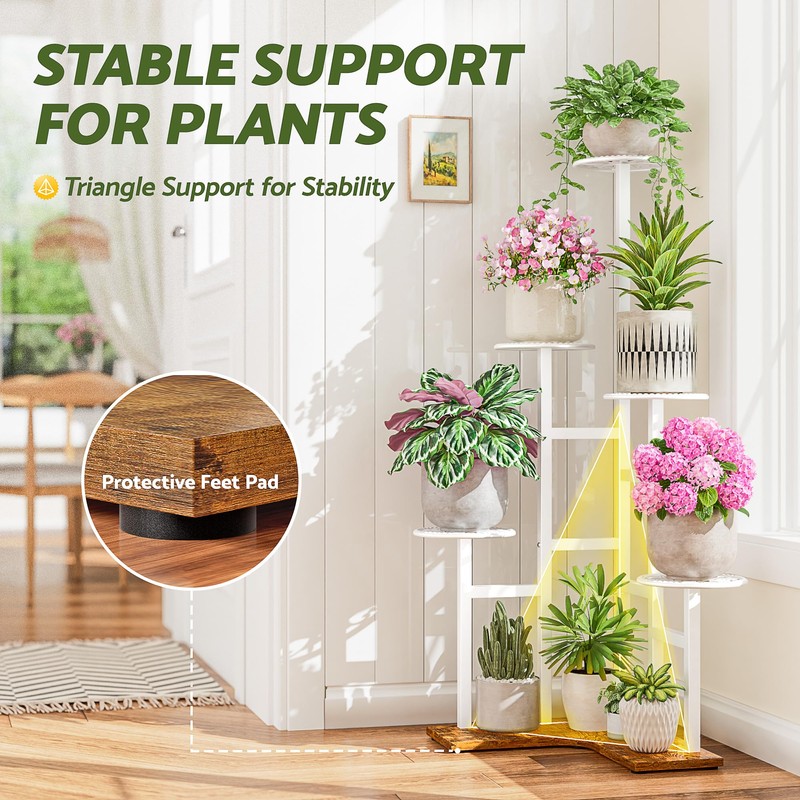 NQW 6 Tier Wood Metal Tall White Indoor Plant Stand