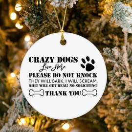 Crazy Dog Live Here Please Do Not Knock Ornament Keepsake Christian Religious Church Round Christmas Tree Ornament Ceramic Custom Christian Art Catholic Christmas Bauble for Xmas Tree Decoration