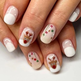 Ceboic Pack of 24 Christmas Nails for Sticking, Short Square, White Ballerina French Press on Nails with Cute Elk Design, Natural Artificial Nails, Acrylic, Full Cover Artificial Nails for Women and