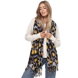 Glamexx24 Women's XXL Scarf Cuddly Warm Leopard Pattern 3 Coloured Fringe Poncho Scarf Oversized Blanket Scarf, Grey, yellow, black