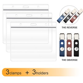 3 Pack ID Card Badge Holders with Detachable Leather Metal Badge Clips, Horizontal Waterproof Clear Extra Thick PVC Plastic Name Tags for Nurses Office School Students Teachers Work