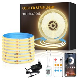 Yeewhale 5 m Dimmable COB LED Strip 3000 K Warm White 24 V Flexible COB LED Strip Set, Bright Under-Unit Cob LED Strip for Home Party DIY Decoration, App Control with Remote Control