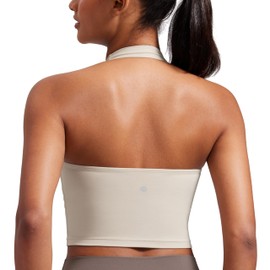 CRZ YOGA Womens Butterluxe Halter Longline Sports Bra - Padded Workout Yoga Crop Tank Tops with Built in Shelf Bra Mojave Tan Medium