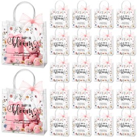 Sinload 25 Pack Baby Shower Gifts Bags for Guests Baby in Bloom Wildflower Gifts Bag with Handle Clear Plastic PVC Bags with Pink Ribbon for Gender Reveal Party Guest Gift