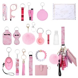 Juego de llaveros de seguridad mejorados para mujeres, llavero con correa de muñeca con alarmas personales, espejo, abrebotellas, pompones, silbato, etc. (Rosa 18 piezas), Rosado, M