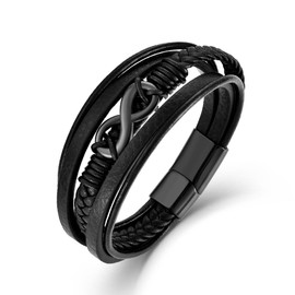 Veshon Mens Infinity Leather Bracelet, Stainless Steel Friendship Infinity Love Symbol Multi-Layer Wristband Cuff Bangle Braided Bracelets for Men, 8.3 Inch