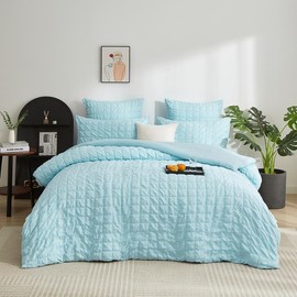 Gezu Bed Linen Blue 155 x 220 cm Checked Seersucker Summer Breathable Cooling Bed Linen Modern Romantic Reversible Bed Linen Set Duvet Cover 155 x 220 cm and 2 Pillowcases 80 x 80 cm with Zip