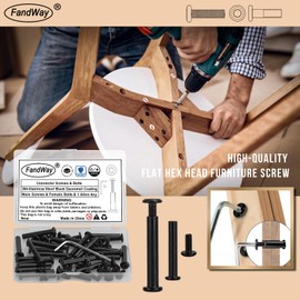FandWay M4 x 10 mm, 25 Pairs Connection Screws with Allen Key (25 x Furniture Screws, 25 x Sleeve Screws), A2 V2A Stainless Steel Black Oxide for Furniture, Cabinets, Wooden Boards