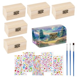 Wooden Box Small, Pack of 6 Small Wooden Treasure Chest, Small Wooden Box Painting, Mini Treasure Chest, Rectangular Wooden Treasure Chest with Stickers and Brushes, for Birthday Parties and DIY