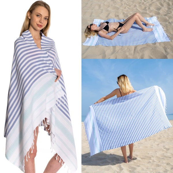 DEMMEX 100% Turkish Cotton Beach Towel - Oversized, Quick Dry, Sand Free, Compact, Thin, Lightweight - Turkish Hammam Peshtemal Beach Towel Blanket, Made in Turkey, Prewashed, 180x90cm (Navy-Mint)