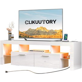 Clikuutory Modern LED White 67 inch TV Stand with Power Outlet and Large Storage for 40 50 55 60 65 70 75 Inch TVs, Wood TV Console with High Glossy Entertainment Center for Living Room, Bedroom
