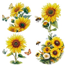 GORGECRAFT 4 Styles Sunflower Window Decals Spring Summer Flower Glass Stickers Decal Decorations Removable Alert Cling for Sliding Door Prevent Stop Birds Dogs Pets Strikes Home Decor 6.3x6.3 Inch