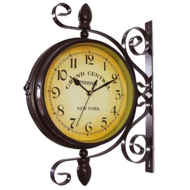 WOOCH Wrought Iron Antique-Look Brown Round Wall Hanging Double Sided Two Faces Retro Station Clock Round Chandelier Wall Hanging Clock with Scroll Wall Side Mount Home Décor Wall Clock 8-inch