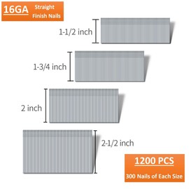 SITLDY Straight Finish Nails, 16 Gauge, 1200-Pack (1-1/2", 1-3/4", 2", 2-1/2", 300 Per Size), Galvanized, Assorted Size Project Pack