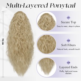 Sofeiyan Pferdeschwanz Haarteil mit Klammer, 56 cm Lang Wellig Lockigen Ponytail Extension Claw Clip in Synthetischen Haarverlängerung Zopf für Frauen，Aschblond
