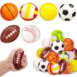 AugToy 24 Pack Stress Ball Classroom Prizes Party Favor for Kids Prefilled Easter Eggs Foam Sports Squeeze Toys Goodie Bag Stuffers Bouncy Balls Boys Baseballs Basketball Football Bulk Toys