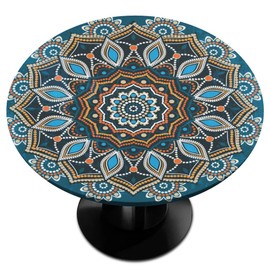 UIWOLTIK Boho Ethnic Round Table Cover with Elastic Edge, Fitted Tablecloth Waterproof Wipeable Round Table Cover for Kitchen Dining Party Holiday Fits Outdoor Round Plastic Table Cloth 40-44 in