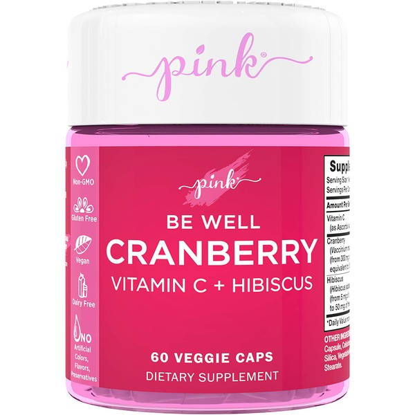 Pink Be Well Cranberry Pills for Women | 60 Veggie Capsules | Plus Vitamin C & Hibiscus | Vegan, Non-GMO & Gluten Free Extract Supplement