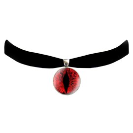 Victorian Vault Cat Dragon Eye Black Velvet Choker Steampunk Gothic Pendant Necklace (Red)