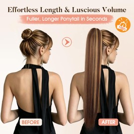Ponytail Extension, 30 Inch Chocolate Brown Blonde Highlights Long Straight Ponytail Hair Piece, Claw Clip Ponytail Extension for Women, Multi-Layer Natural Synthetic Hair for Daily & Cosplay
