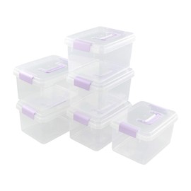 Vcansay Clear Portable Plastic Storage Box with Clear Lid and Purple Handles, 6 Packs