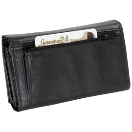 Ledershop24 RFID Women's Leather Wallet Women's Purse – Long Black Leather – Gift Set + Exclusive Keyring, black, Women's leather wallet long - landscape format
