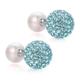 Blingest Pearl Crystal Double Sided Stud Earrings Front Back Catch Earring for Women Girls10mm (Aquamarine Can Replacement)