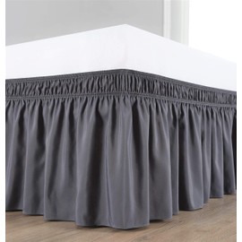 Wrap Around Elastic Bed Skirt, Three Sides Fabric, 100% Cotton 800 Thread Count Dust Ruffled Bed Skirts, Dust Ruffle Wrap Around Style, Ruffled Wrap Bed Skirts (Dark Grey - Queen Size 15" Drop)