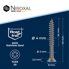Stainless Steel TORX countersunk Head Screw Made of V2A 4-mm Thick 40-mm Screw Length 200 Pieces 24-mm Partial Thread Wood Screw 4x40