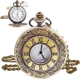 Vintage Pocket Watch, 1.85in Quartz Pocket Watch, Metal Roman Numerals Stylish Pocket Watch with Chain, Mens Birthday Gift Set Anniversary Day Husband Christmas Gifts Father's Day Gifts(Bronze Colour)