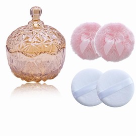 Qopoto 5 Pieces Large Body Powder Puff and Powder Container, Crystal Case for Dust Puff, Powder applicator with Box for Face and Body (Amber, Crown)