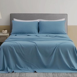 DAPU Linen Sheets Set Solid Color, Soft Breathable Sheets Set 4 PCs, Hypoallergenic French Linen Cotton Blend Bedding for Hot Sleepers(1 Flat Sheet, 1 Fitted Sheet and 2 Pillowcases)(Lake Blue, King)