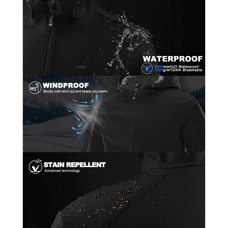 33,000ft 33,000ft Men's Hooded Softshell Jacket Waterproof Lightweight Insulated Windbreaker