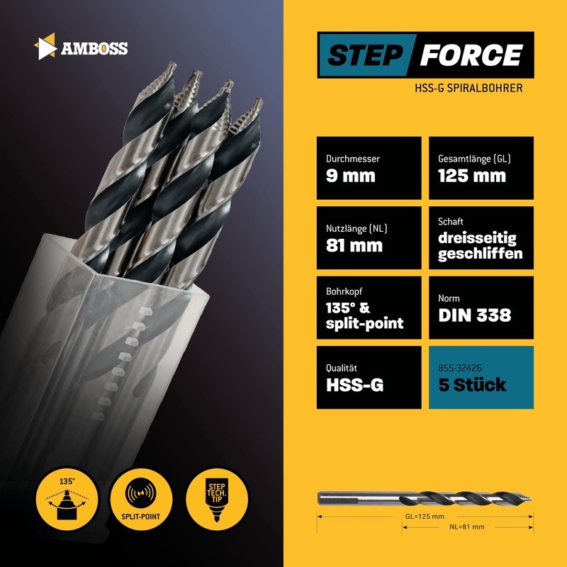 5x Spiral Drill Bit Step Force Diameter 9.0 mm -