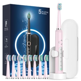 Rtauys M5 Sonic Electric Toothbrush for Adults - Rechargeable Electric Toothbrushes with 8 Heads & Travel Case, Power Electric Toothbrush with Holder, 3 Hours Charge for 120 Days - Sakura Pink