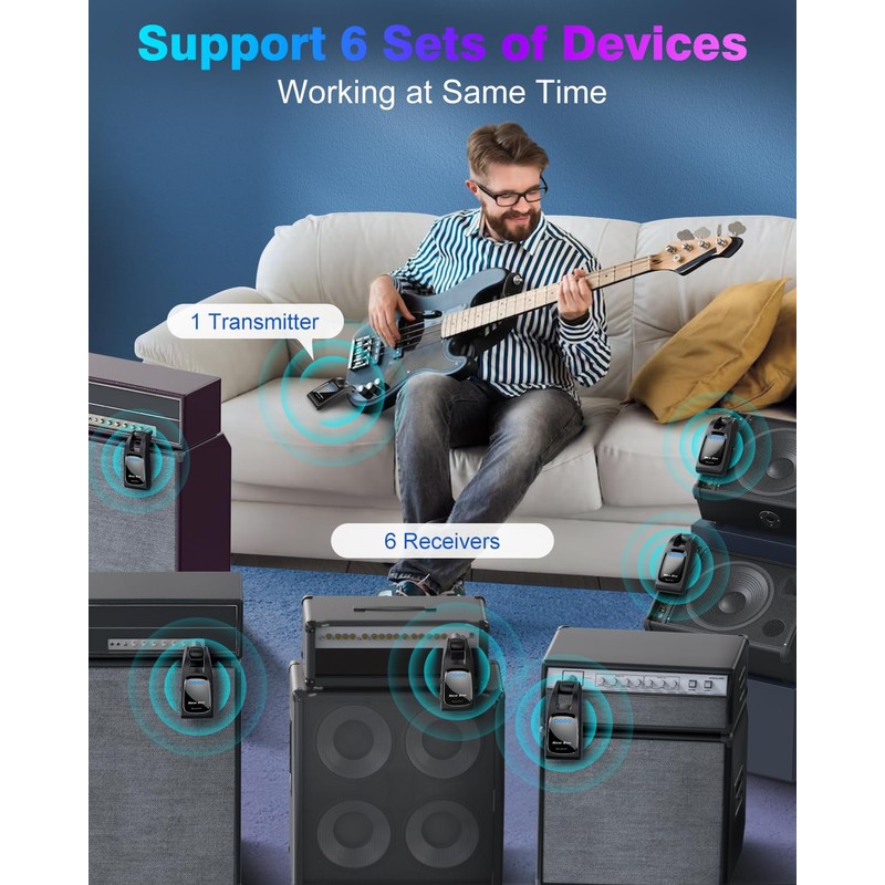 Wireless Guitar System 2.4 GHz with 6 Channels Rechargeable Audio