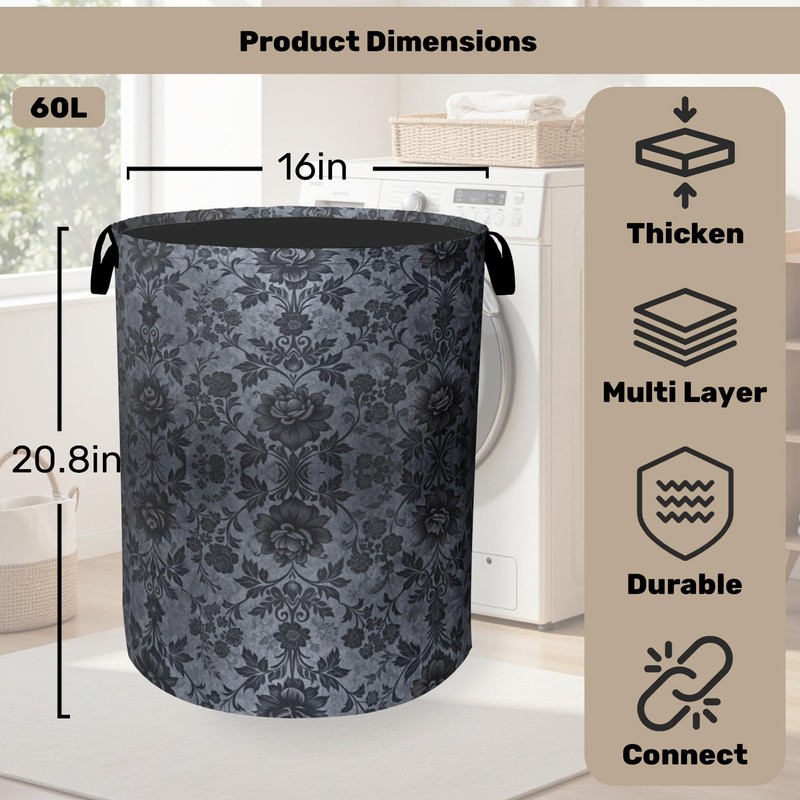 Black Damask Flower Large Clothes Hamper Bag - Laundry Basket