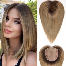 HAIRCUBE Hair Topper 5"*5.5" Base Hair Toppers for Women Real Human Hair，14 inch Ombre Ash Blonde 100% Human Hair Topper No Bangs for Women with Thinning Hair Cover Grey Hair Root