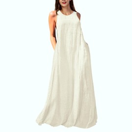 Mingyuezai Women's Sleeveless Linen Maxi Dress Casual Long Dresses with Pockets(Z3019WH,3XL)