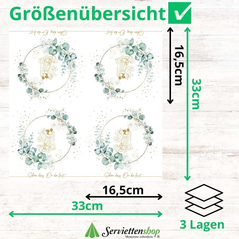 20 Napkins Eucalyptus Wedding Green with Bride and Groom Gold