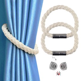Magnetic Curtain Tie Backs, 2 Pack Modern Simplicity Curtain Rope Holdbacks with Strong Magnet, 22 Inch Braided Rope Curtain Holder Decoration for Thin or Thick Home and Office Curtains (Beige)
