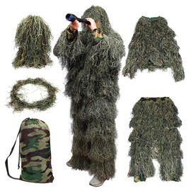 Goetland 3D Ghillie Suits 5pcs Kit Camo Hunting Apparel Camouflage Clothing Woodland CS Leaf Camouflage Hunting Suit for Jungle Hunting Shooting